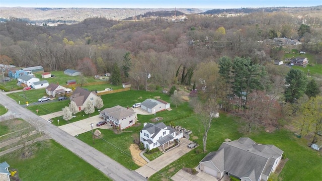 drone / aerial view with a view of trees and a residential view