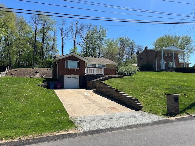 view of front of home with an attached garage, brick siding, driveway, a front lawn, and stairs