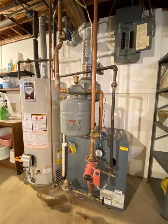 utility room featuring gas water heater and electric panel