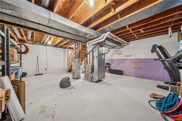 unfinished basement with gas water heater and heating unit