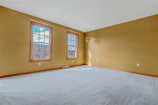 carpeted empty room featuring visible vents, a wealth of natural light, and baseboards