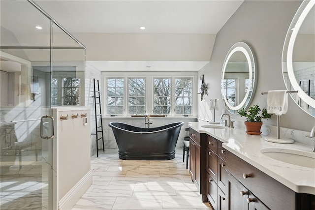 743 Chestnut Rd, Edgeworth, PA 15143 - full bathroom with a soaking tub, a shower stall, marble finish floor, and a sink