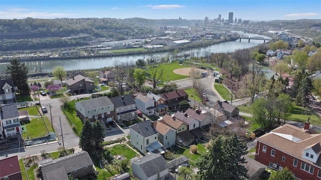 aerial view featuring a water view
