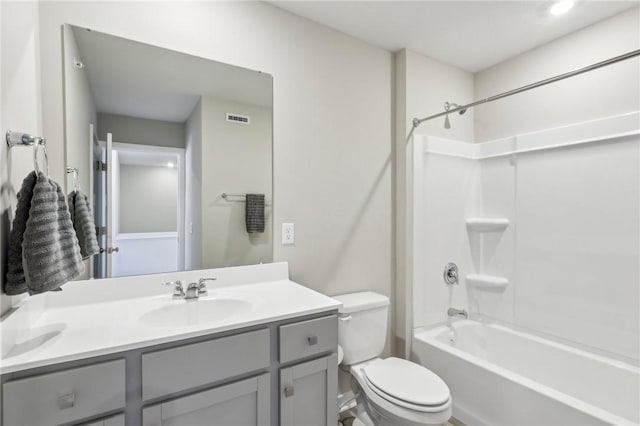 full bath featuring visible vents, toilet, vanity, and shower / bath combination