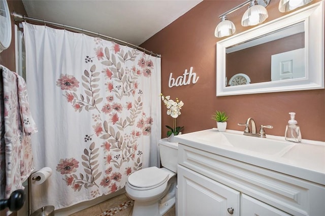 full bath with vanity, toilet, a shower with shower curtain, and tile patterned flooring