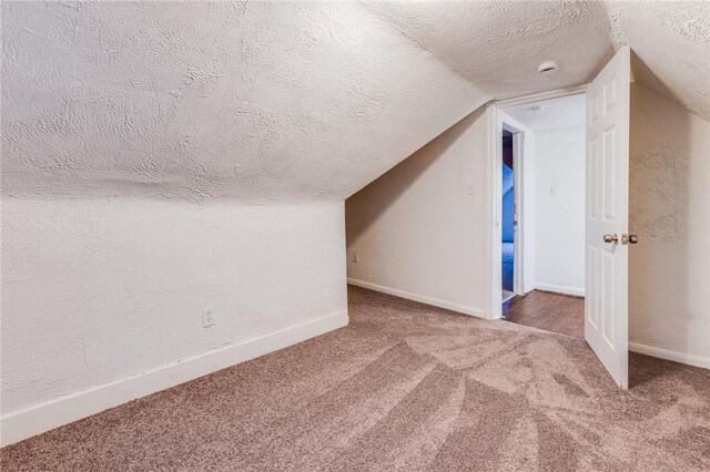 additional living space with a textured ceiling, lofted ceiling, carpet floors, and baseboards