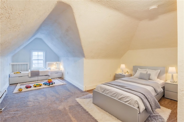 bedroom with carpet flooring, baseboards, a textured ceiling, and lofted ceiling