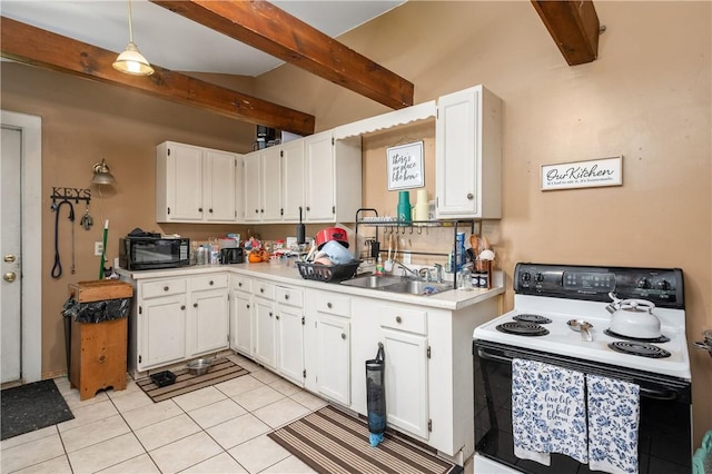 934 W W Rdg, Sharpsville, PA 16150 - kitchen featuring electric range, beamed ceiling, black microwave, white cabinets, and light countertops