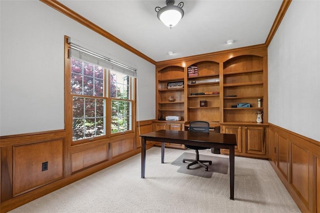 302 Castanea Dr, Cranberry Twp, PA 16066 - office featuring crown molding, light colored carpet, built in features, and a wainscoted wall