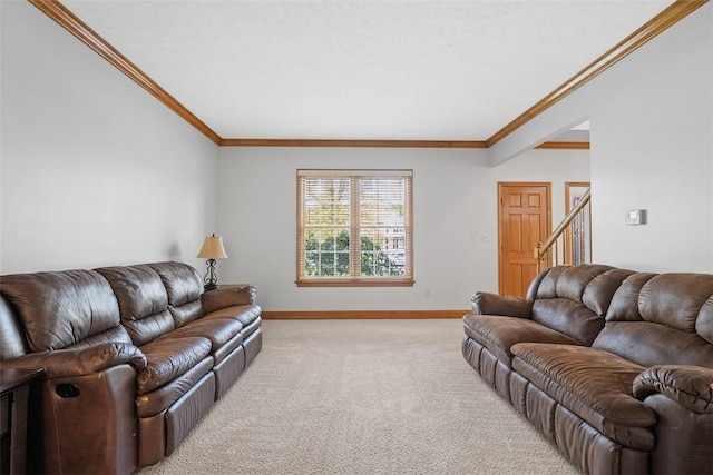 302 Castanea Dr, Cranberry Twp, PA 16066 - living area with crown molding, baseboards, light carpet, and stairs