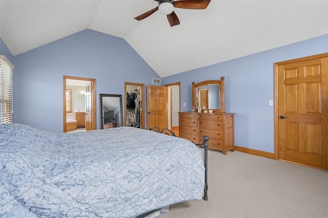 302 Castanea Dr, Cranberry Twp, PA 16066 - bedroom featuring lofted ceiling, a walk in closet, light colored carpet, a ceiling fan, and ensuite bath