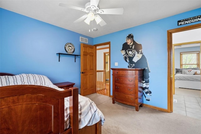 302 Castanea Dr, Cranberry Twp, PA 16066 - bedroom featuring visible vents, baseboards, ceiling fan, and light colored carpet