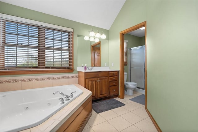 302 Castanea Dr, Cranberry Twp, PA 16066 - full bath featuring vanity, lofted ceiling, a whirlpool tub, tile patterned floors, and a stall shower