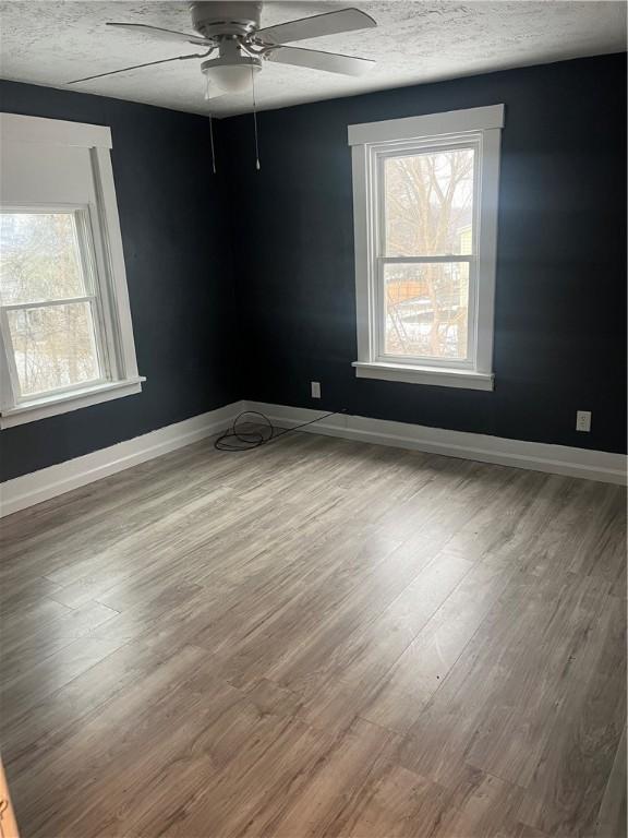 empty room featuring a wealth of natural light, wood finished floors, and ceiling fan