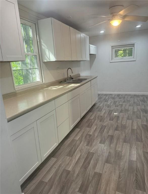 kitchen featuring a sink, white cabinets, wood finished floors, and light countertops
