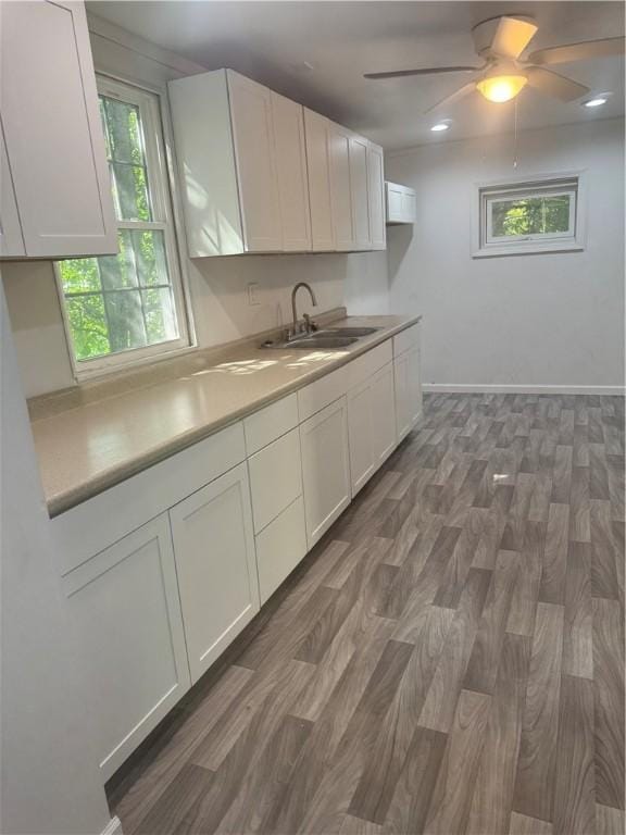 kitchen with white cabinets, plenty of natural light, dark wood-type flooring, and a sink