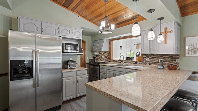 114 Silent Meadow Dr, Washington Twp Wml, PA 15632 - kitchen featuring a sink, appliances with stainless steel finishes, vaulted ceiling, and wood ceiling