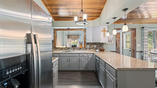 114 Silent Meadow Dr, Washington Twp Wml, PA 15632 - kitchen with wood ceiling, gray cabinets, stainless steel appliances, and a peninsula