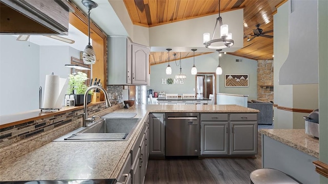 114 Silent Meadow Dr, Washington Twp Wml, PA 15632 - kitchen featuring stainless steel dishwasher, a peninsula, wood ceiling, gray cabinets, and a sink