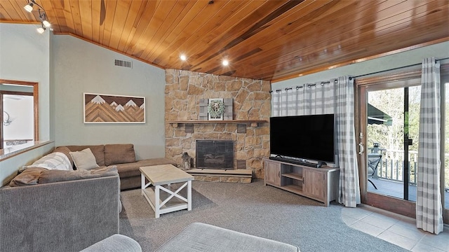 114 Silent Meadow Dr, Washington Twp Wml, PA 15632 - carpeted living area featuring visible vents, tile patterned flooring, a fireplace, wooden ceiling, and vaulted ceiling
