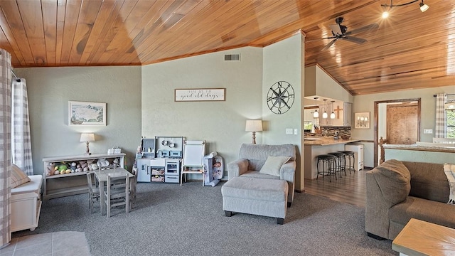 114 Silent Meadow Dr, Washington Twp Wml, PA 15632 - living area featuring a ceiling fan, lofted ceiling, visible vents, ornamental molding, and wood ceiling