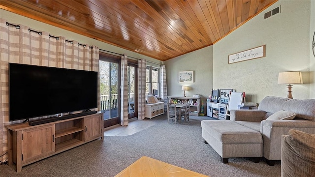 114 Silent Meadow Dr, Washington Twp Wml, PA 15632 - carpeted living room with visible vents, wood ceiling, a textured wall, and lofted ceiling