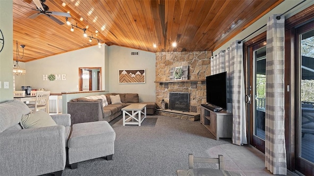 114 Silent Meadow Dr, Washington Twp Wml, PA 15632 - living area with wood ceiling, visible vents, a fireplace, ceiling fan with notable chandelier, and lofted ceiling