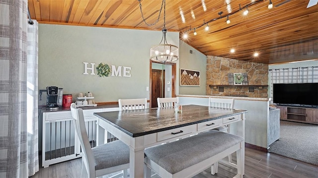 114 Silent Meadow Dr, Washington Twp Wml, PA 15632 - interior space featuring wooden ceiling, lofted ceiling, a chandelier, and dark wood-type flooring