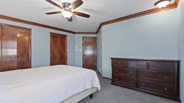 114 Silent Meadow Dr, Washington Twp Wml, PA 15632 - bedroom with carpet floors, crown molding, multiple closets, visible vents, and ceiling fan