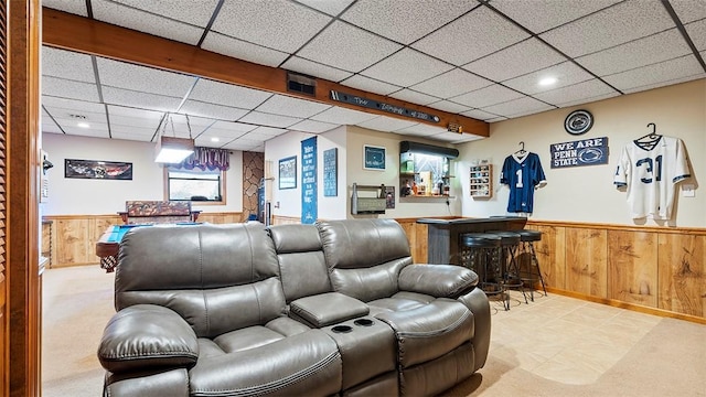 114 Silent Meadow Dr, Washington Twp Wml, PA 15632 - home theater room featuring wooden walls, a wainscoted wall, a bar, and a paneled ceiling