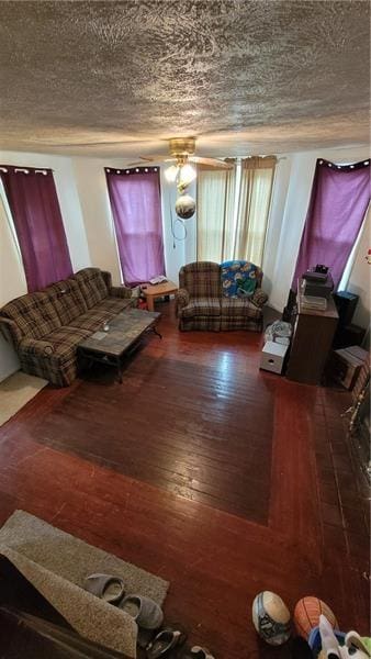 living area featuring wood-type flooring and a textured ceiling