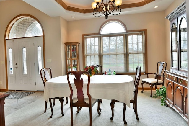 3461 Silver Ridge Ct, Hermitage, PA 16148 - dining area featuring an inviting chandelier, light tile patterned flooring, recessed lighting, and a tray ceiling