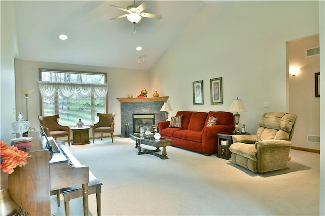 3461 Silver Ridge Ct, Hermitage, PA 16148 - living room featuring carpet floors, a glass covered fireplace, visible vents, a ceiling fan, and high vaulted ceiling