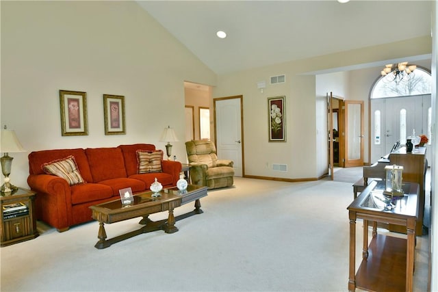 3461 Silver Ridge Ct, Hermitage, PA 16148 - living area with a chandelier, visible vents, carpet flooring, and baseboards