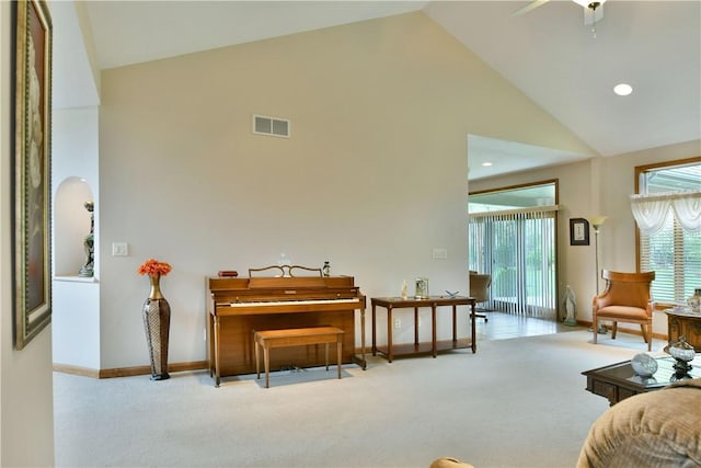 3461 Silver Ridge Ct, Hermitage, PA 16148 - living room featuring recessed lighting, high vaulted ceiling, visible vents, carpet, and baseboards