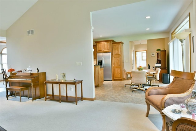 3461 Silver Ridge Ct, Hermitage, PA 16148 - living room with recessed lighting, light colored carpet, vaulted ceiling, baseboards, and visible vents