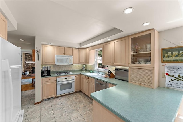 227 Gass Rd, Ross Twp, PA 15229 - kitchen with light brown cabinetry, white appliances, recessed lighting, and a sink