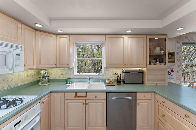 227 Gass Rd, Ross Twp, PA 15229 - kitchen featuring recessed lighting, white appliances, light brown cabinets, and a sink