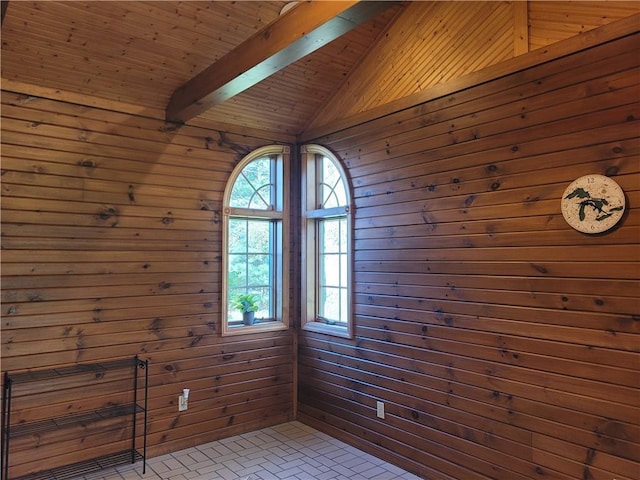 spare room with lofted ceiling with beams, wooden ceiling, and wood walls