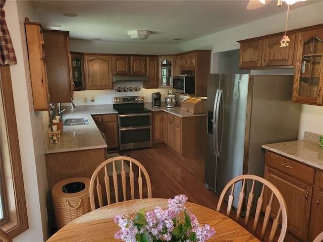 15 Willow Ln, Pine Twp Mer, PA 16127 - kitchen with appliances with stainless steel finishes, a sink, dark wood-style floors, and glass insert cabinets