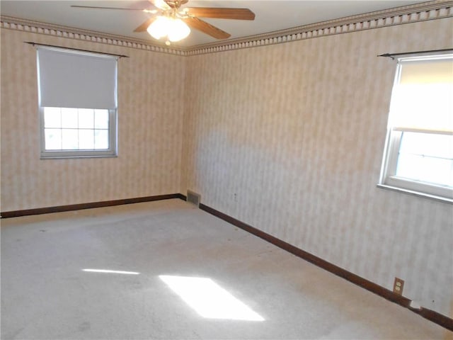 552 Crestline Dr, Baldwin Twp, PA 15234 - unfurnished room with visible vents, carpet, ceiling fan, and wallpapered walls