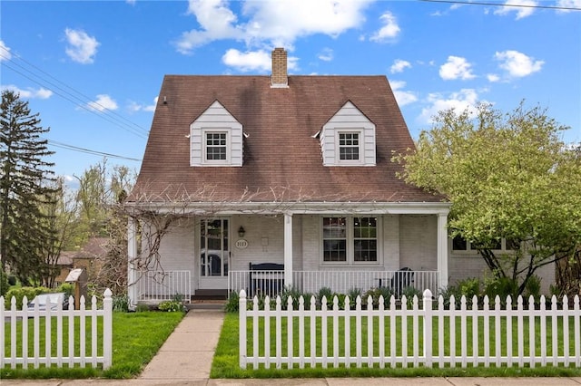 cape cod house featuring a porch, a chimney, a fenced front yard, and a front lawn