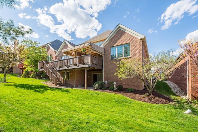 205 Prestonwood Ln, Peters Twp, PA 15317 - rear view of property featuring brick siding, a wooden deck, a yard, and stairway