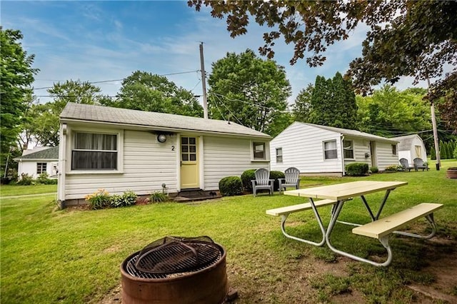 875 Hillside Rd, Jamestown Cra, PA 16134 - back of property with an outdoor structure, a yard, and an outdoor fire pit