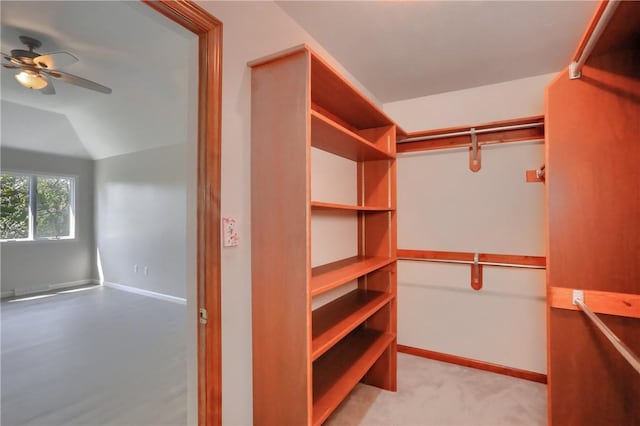 walk in closet with a ceiling fan, light colored carpet, and vaulted ceiling