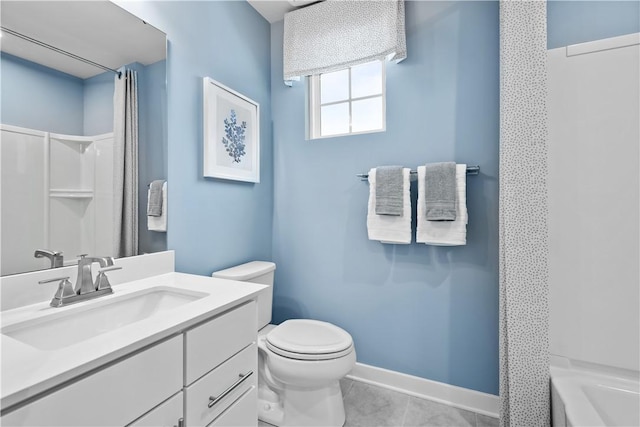 bathroom featuring tile patterned flooring, curtained shower, baseboards, vanity, and toilet