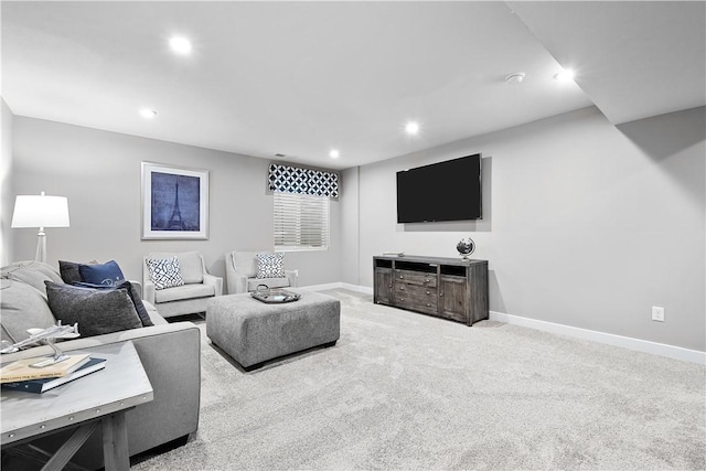 living area with recessed lighting, carpet, and baseboards
