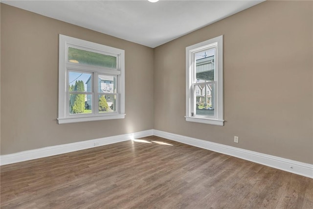 spare room with baseboards, plenty of natural light, and wood finished floors