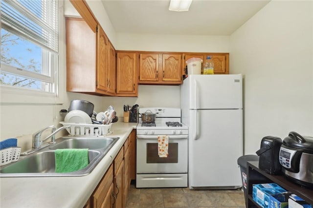 715-717 Hiland Ave, Coraopolis, PA 15108 - kitchen with a sink, brown cabinets, white appliances, and light countertops