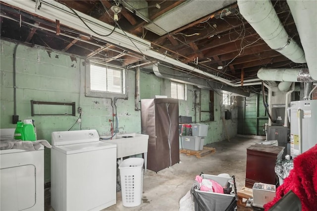 715-717 Hiland Ave, Coraopolis, PA 15108 - below grade area with water heater, heating unit, washing machine and dryer, and a sink